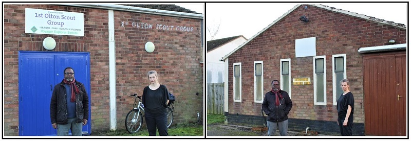 Ade Adeyemo and Kathryn Thomas outside Olton Scouts and Guides Huts Ade & Kathryn at Olton Scouts and Guides Huts