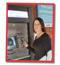 Jane at a cashpoint