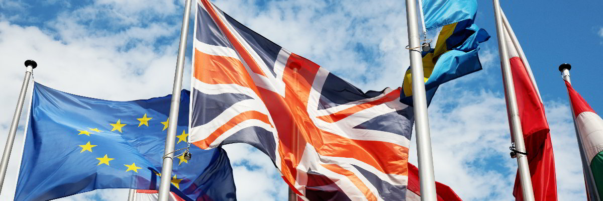The union flag flying next to the EU flag.