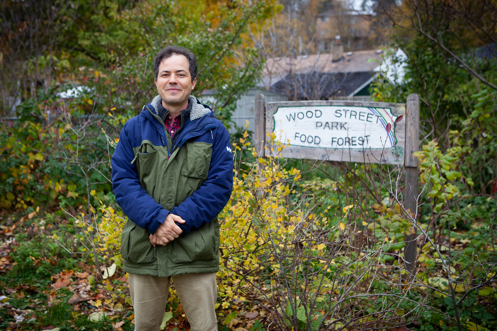 Garbor Sass stading at Wood Street Park Food Forest
