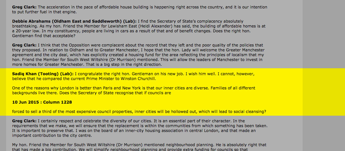 Sadiq's Intervention on Housing in Parliament
