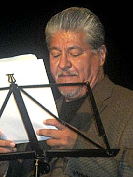Luis J. Rodriguez reading at the Kamerni Theater, Bosnia-Herzegovina. Photo by Opal Palmer Adisa. Luis J. Rodriguez reading at the Kamerni Theater, Bosnia-Herzegovina. Photo by Opal Palmer Adisa.