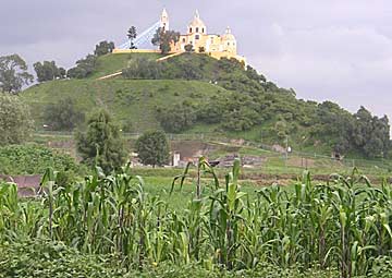 The Cholula pyramid The Great Pyramid, viewed from the south, the Church of Nuestra Señora de los Remedios on top. Photo: Wikipedia.