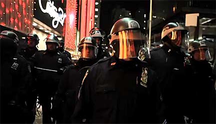 Riot police take control of the streets as they surround New York's Liberty Square Occupy Wall Street encampment on Nov. 15, 2011. Still from video footage shot by Rebecca Davis and Julia Xanthos, and posted to the NYDailyNews YouTube channel: www.youtube.com/user/nydailynews