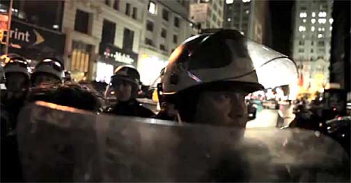 NYPD riot squad surrounds Liberty Square on Nov. 15, 2011. Still from video footage shot by Rebecca Davis and Julia Xanthos.