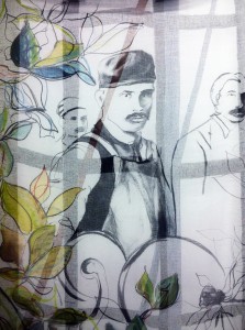 Oscar, Emma and the Girls (detail) 2014, Charcoal and pastel on paper, fabric dye on cotton gauze, 4ft x 12ft