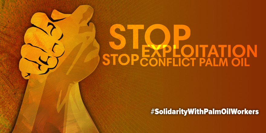 Stand with RAN! Hands clasped, stop exploitation, stop conflict palm oil