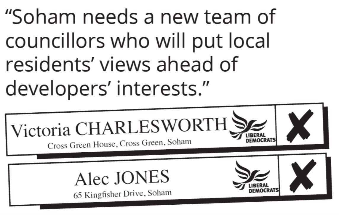 Soham North Ward - Vote Victoria Charlesworth and Alec Jones Liberal Democrat Soham North Ward - Vote Victoria Charlesworth and Alec Jones Liberal Democrat