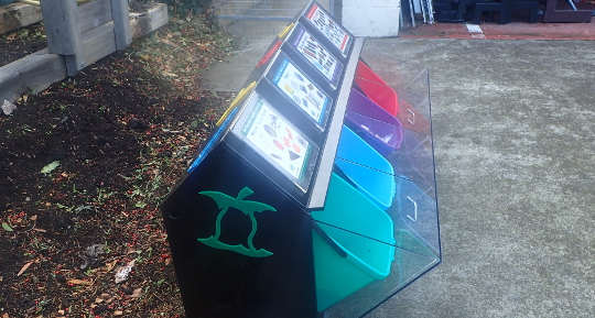 A close up look at a school waste station