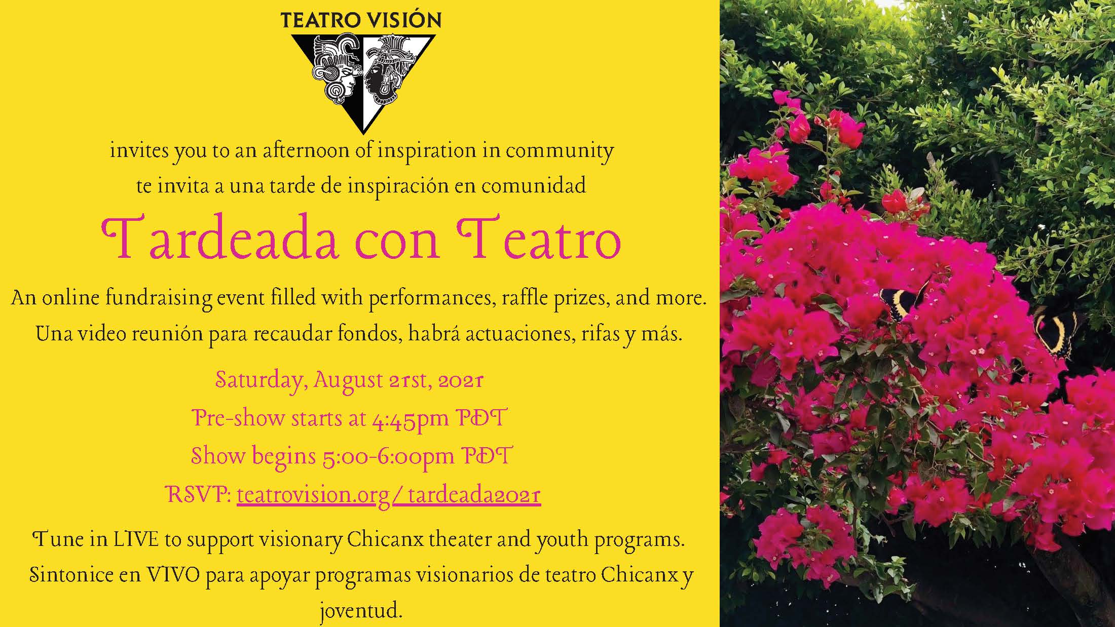 Flyer for Tardeada con Teatro virtual fundraiser on August 21, 2021