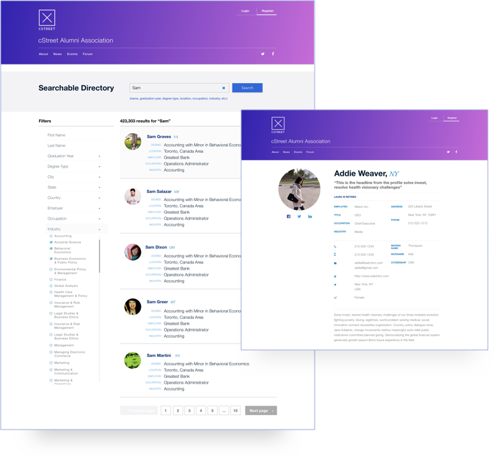 Screencaps of the Global Calendar and Searchable Directory