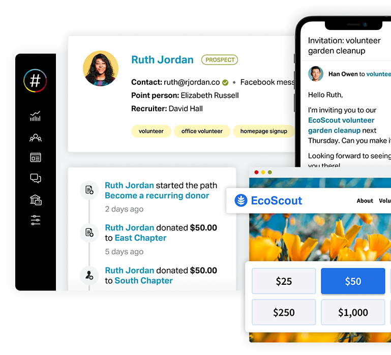 Dynamic people database, email & text blasting, hosted action website, fundraising & finances
