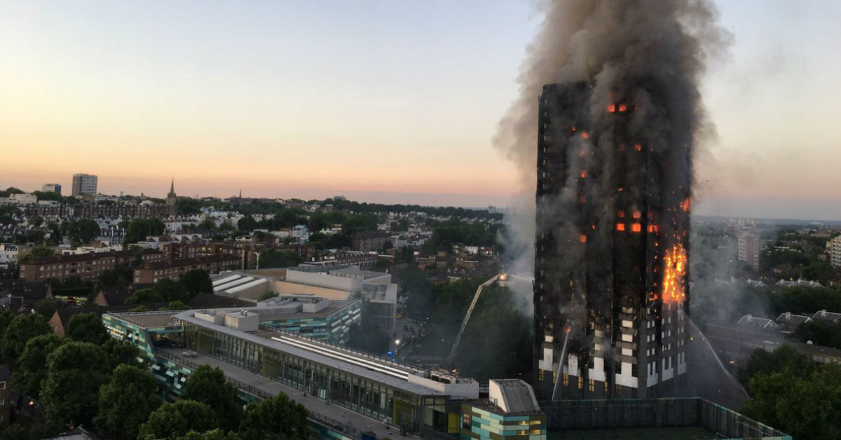 Grenfell Tower in flames.