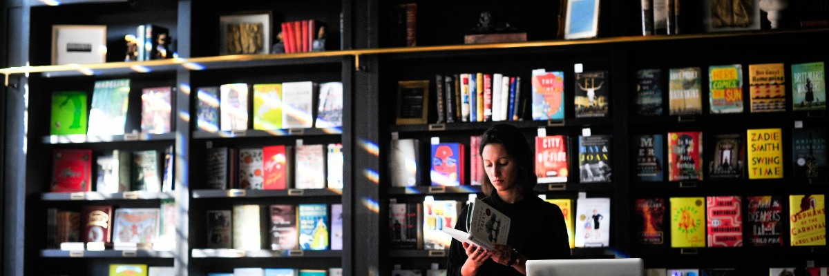 Bookshelf in a bookshop.