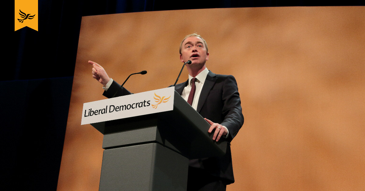 Tim Farron speaks at Lib Dem conference.
