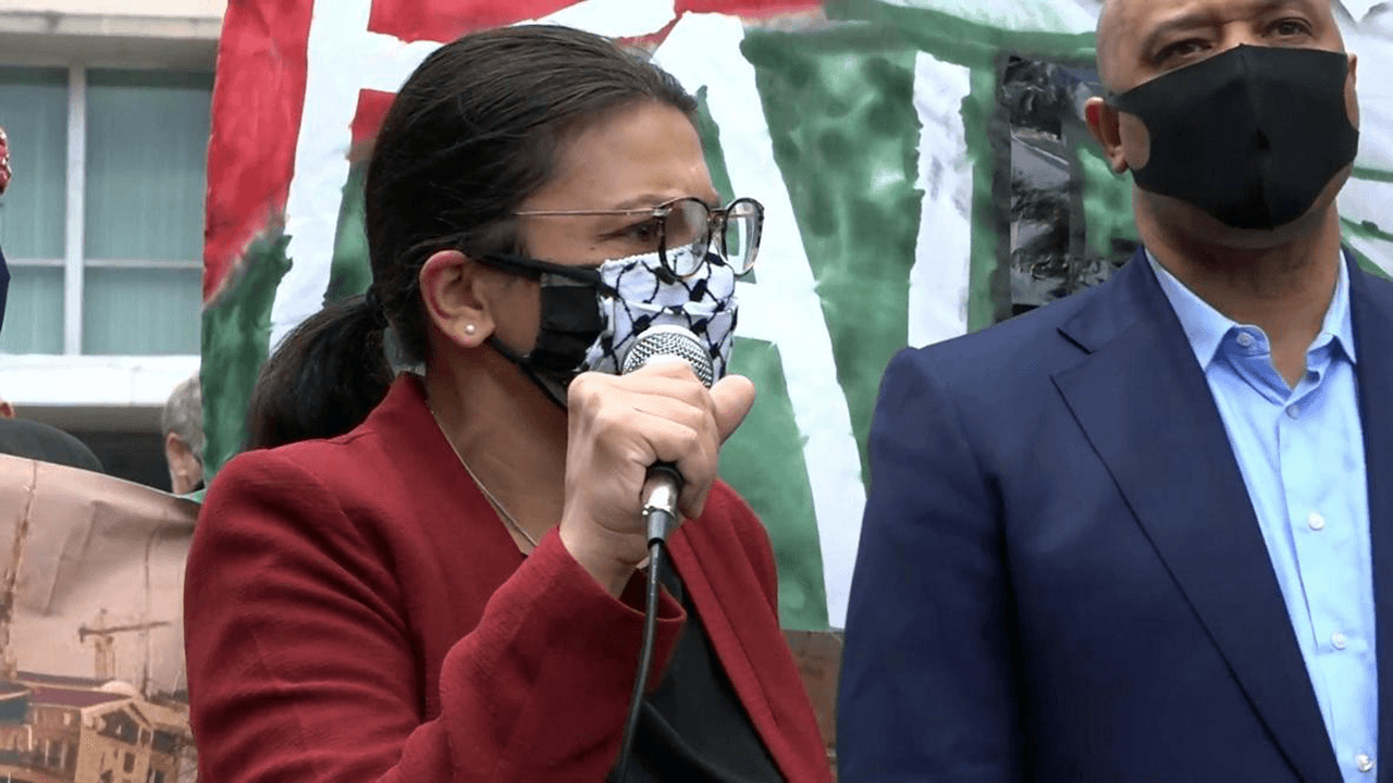 Rashida Tlaib speaks at fringe rally where activists call for elimination of Israel