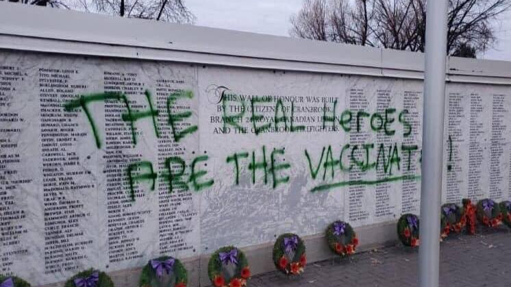 B.C. veterans memorial vandalized on Remembrance Day with pro-vaccine graffiti