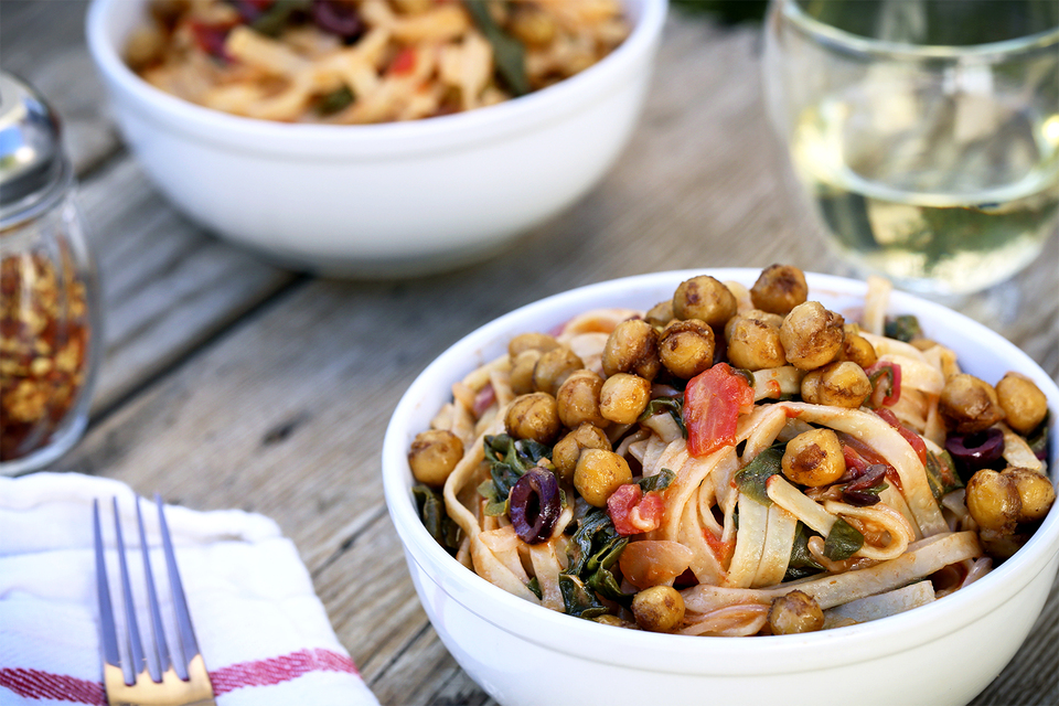 Swiss Chard and Tomato Linguine with Balsamic Glazed Chickpeas Thug