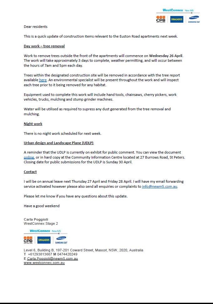 Letter to Euston Rd residents