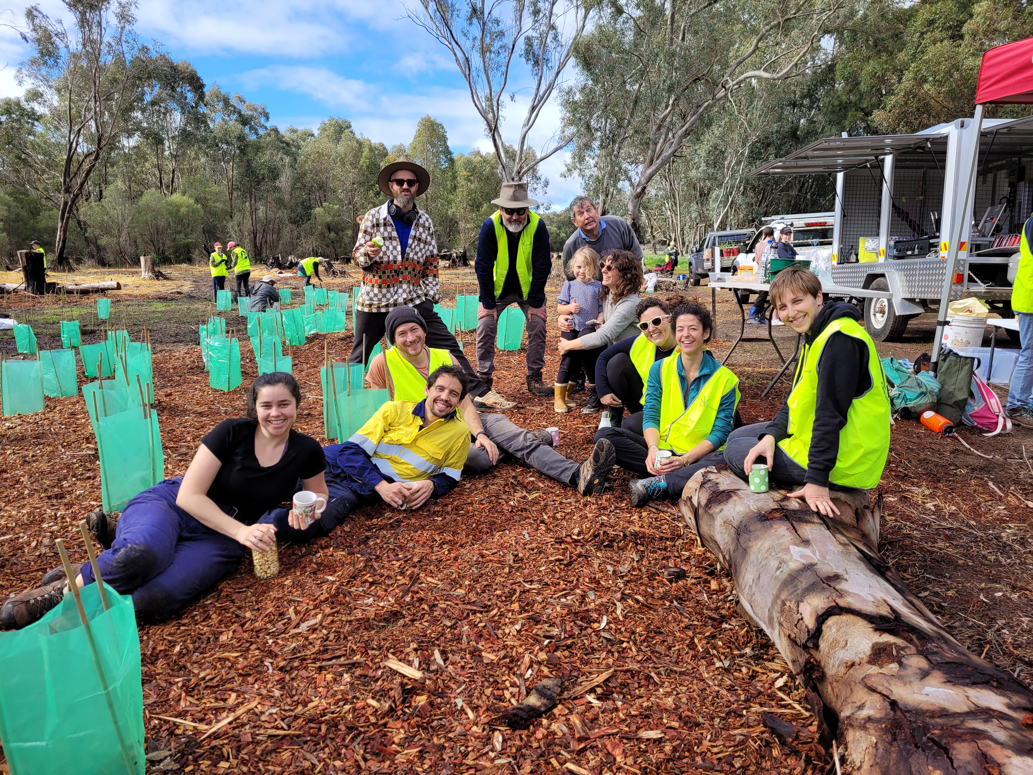Eleven Wilderness Society team members having tea  after a morning of tree planting in Gidgegannup, WA. 