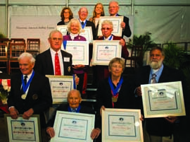 The 2013 NSHOF Inductees (from bottom, left to right): Stuart Walker, Runnie Colie, Timmy Larr, Richard Rosenfeld (accepting for grandfather Morris Rosenfeld) Steve Taylor (accepting for grandfather Starling Burgess) Julia Clough (accepting for grandfather John Alden), Frank Butler, Brooke Blackaller*, Dave Curtis, Lisa Blackaller*, Bill Buchan (*accepting for their father Tom Blackaller) © NSHOF/Jack Hardway The 2013 NSHOF Inductees (from bottom, left to right): Stuart Walker, Runnie Colie, Timmy Larr, Richard Rosenfeld (accepting for grandfather Morris Rosenfeld) Steve Taylor (accepting for grandfather Starling Burgess) Julia Clough (accepting for grandfather John Alden), Frank Butler, Brooke Blackaller*, Dave Curtis, Lisa Blackaller*, Bill Buchan (*accepting for their father Tom Blackaller) © NSHOF/Jack Hardway