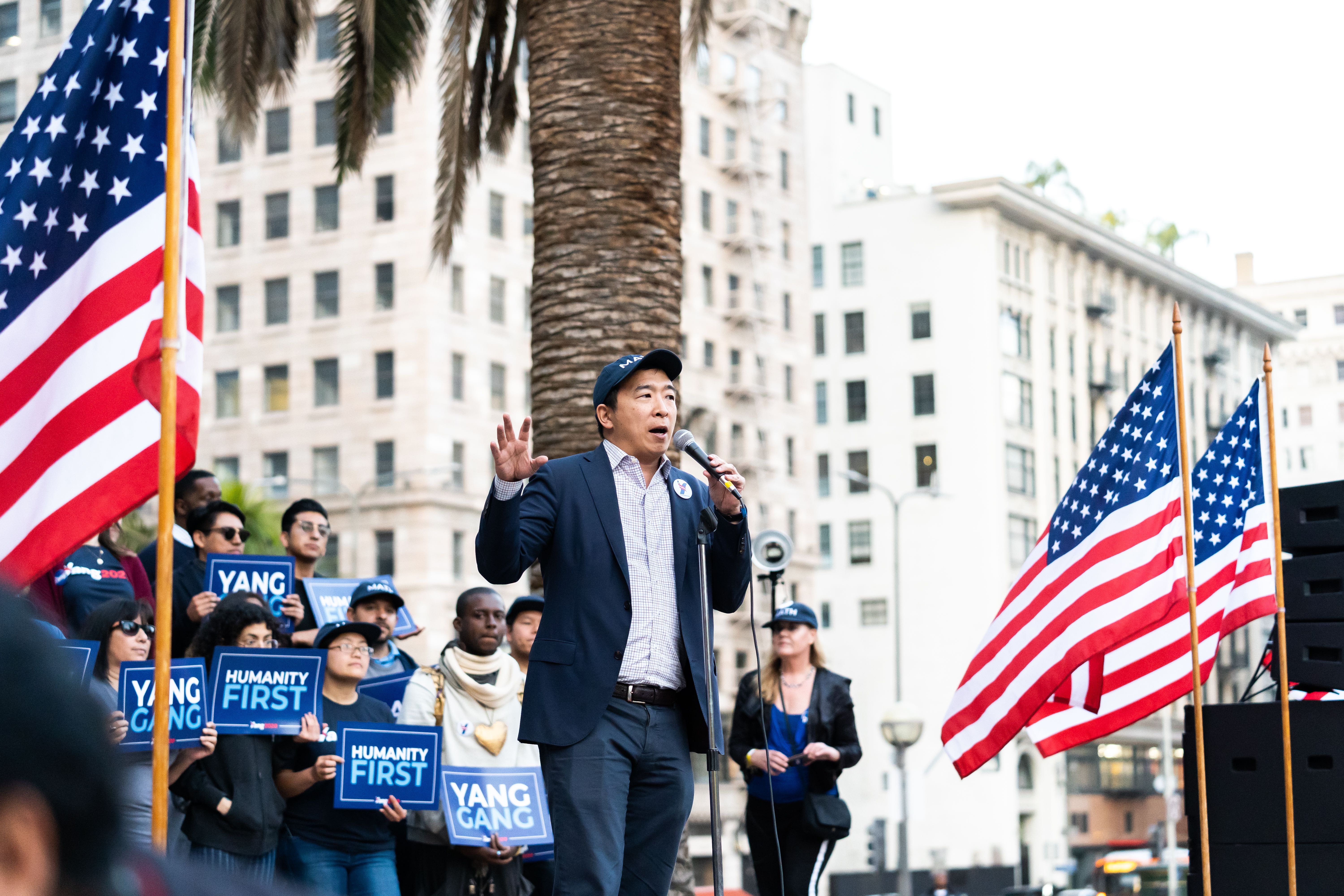 Andrew Yang
Addresses the Crowd Andrew Yang talks about his policy platform in front of a crown
in LA