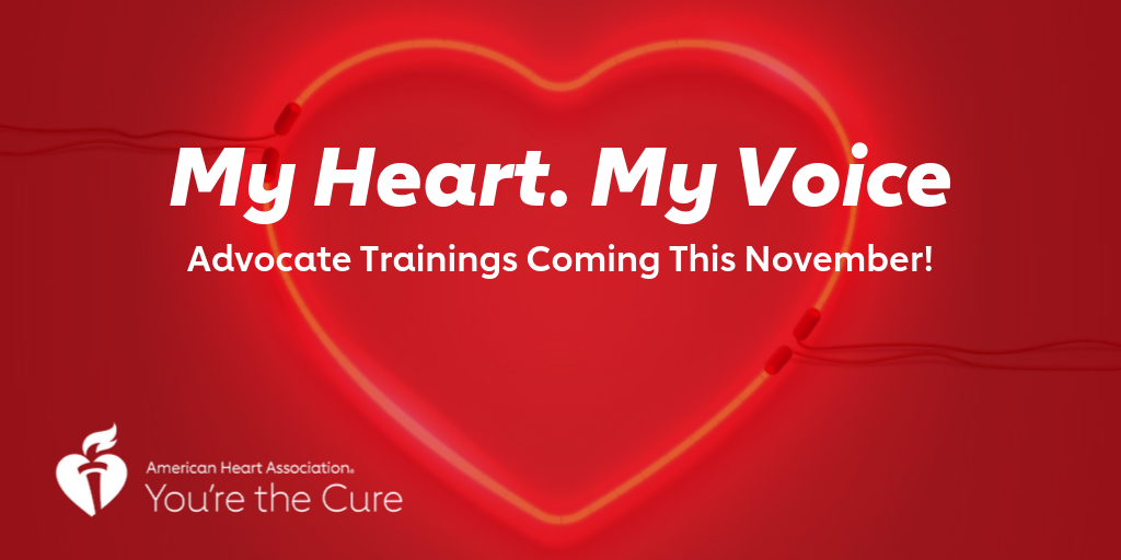 A red heart with the text “My Heart. My Voice. Advocate Trainings Coming This November!”