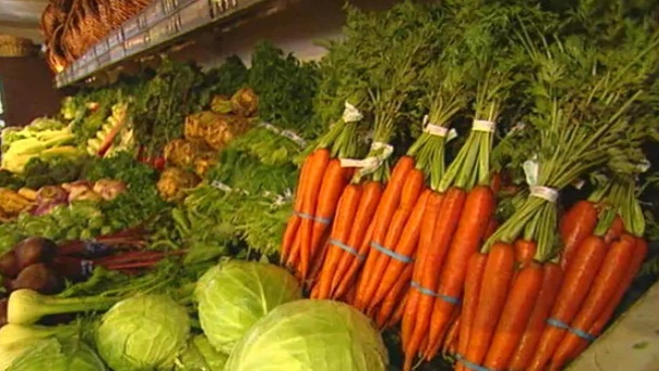 A picture of carrots, cabbage and other vegetables in a grocery store