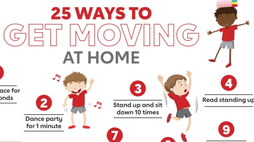 The words 25 ways to get moving at home with cartoon people doing physical activities