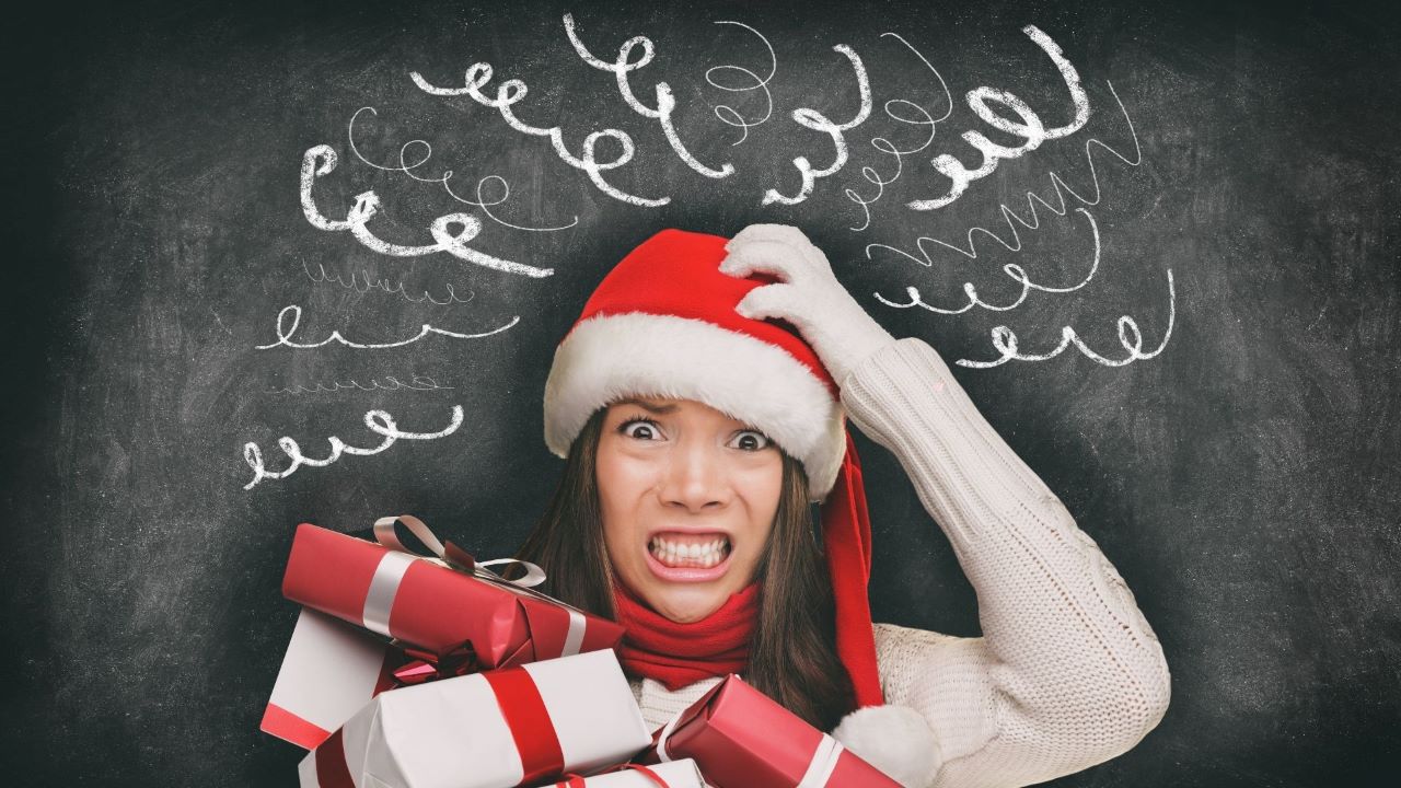 holiday stress woman in santa hat